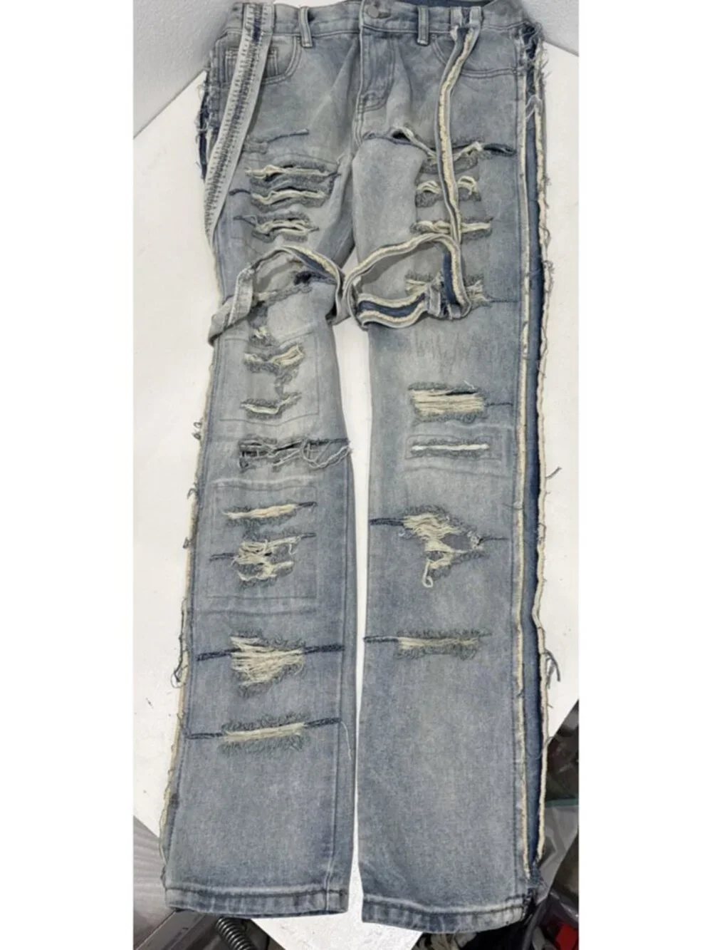 mnml Streetwear Torn Ripped Shredded Flared Light Wash Jeans Mens Size 33X36